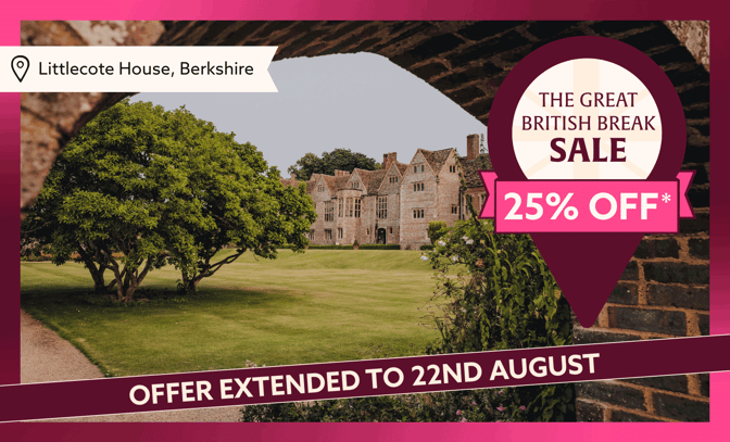 View of Littlecote House in Berkshire, featuring a lush garden and promotional text for a 25% off sale ending August 18th