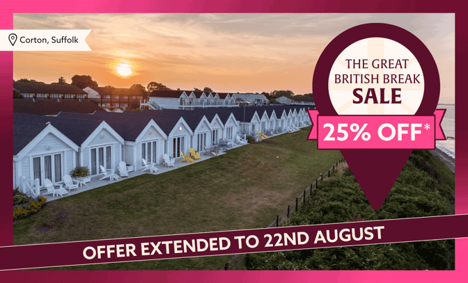 Promotional graphic featuring Corton in Norfolk, advertising a 25% off Great British Break Sale.