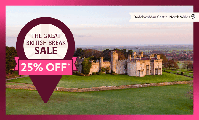 Promotional graphic featuring Bodelwyddan Castle in North Wales, advertising a 25% off Great British Break Sale.