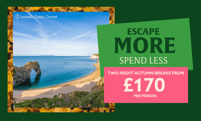 Autumn breaks - showcasing a scenic beach view Jurassic Coast, Dorset, with prices starting at £170 per person.