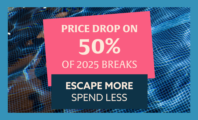 Text overlay announcing a 50% price drop on 2025 breaks, emphasizing "Escape More, Spend Less" against a pool background.