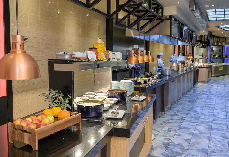 Modern hotel buffet restaurant with fresh food stations