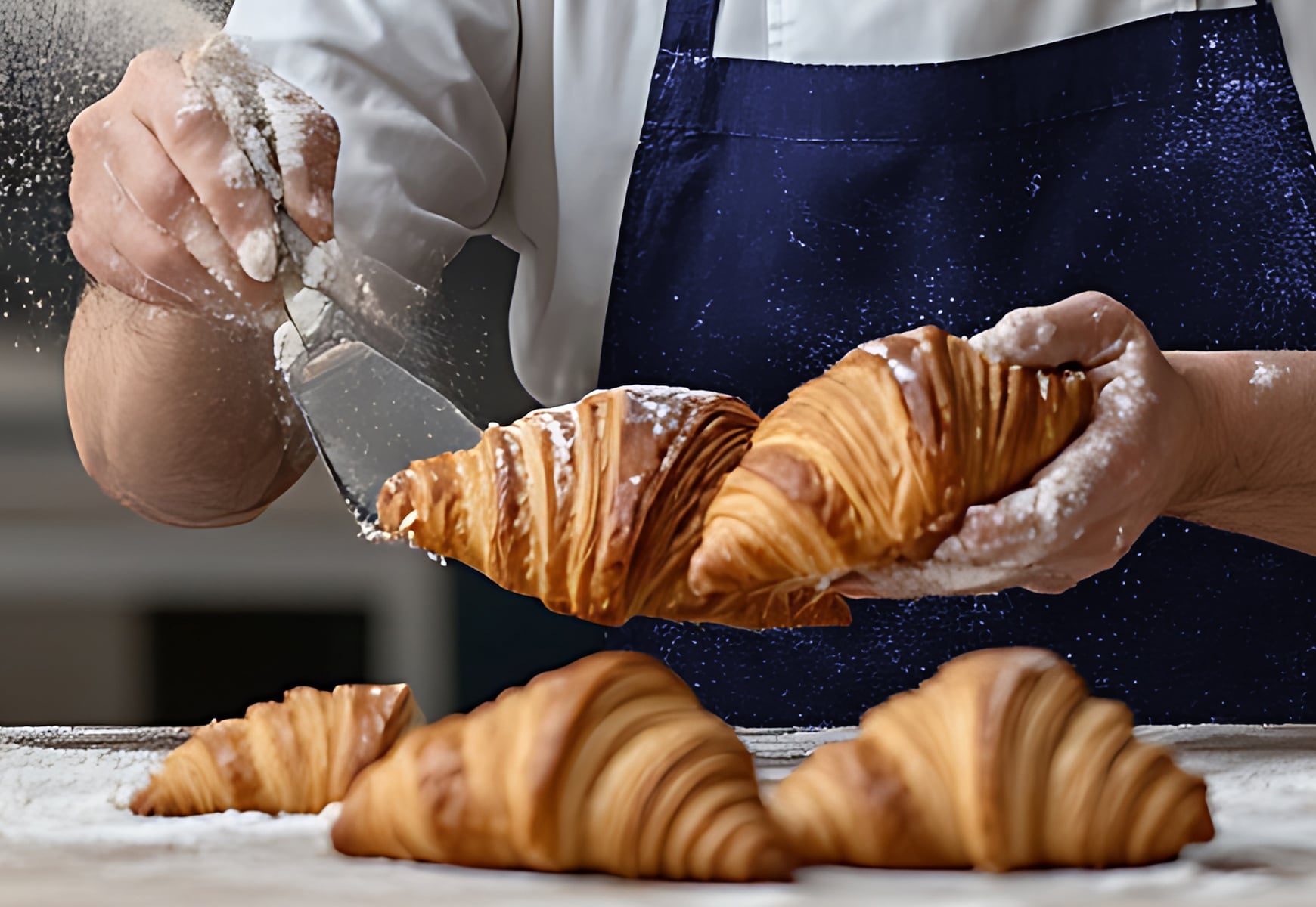 Chef covering croissants in powdered sugar