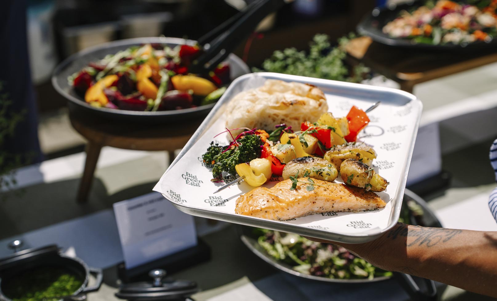 plate of alfesco dining on a metal tray