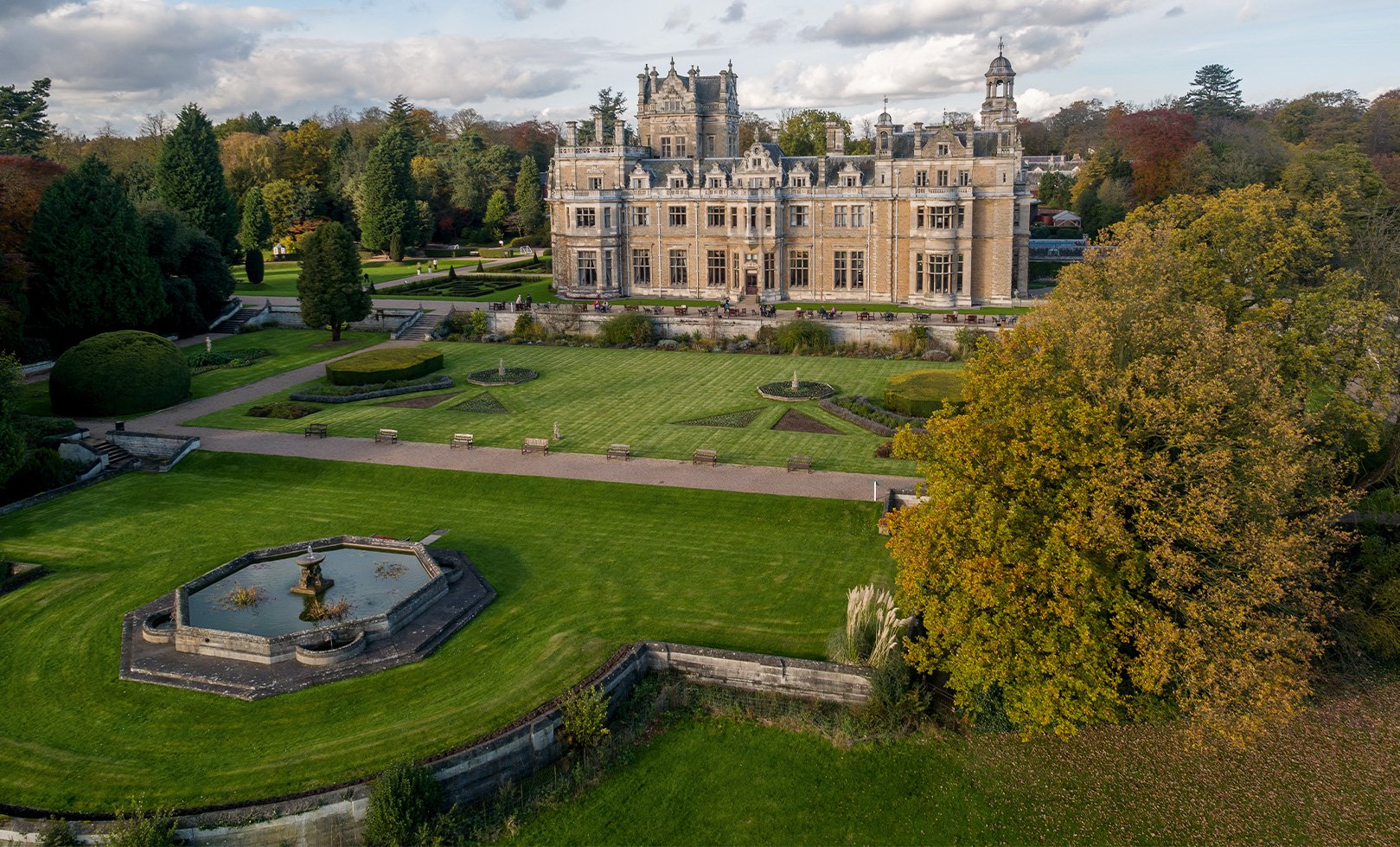 An aerial view of Thoresby Hall