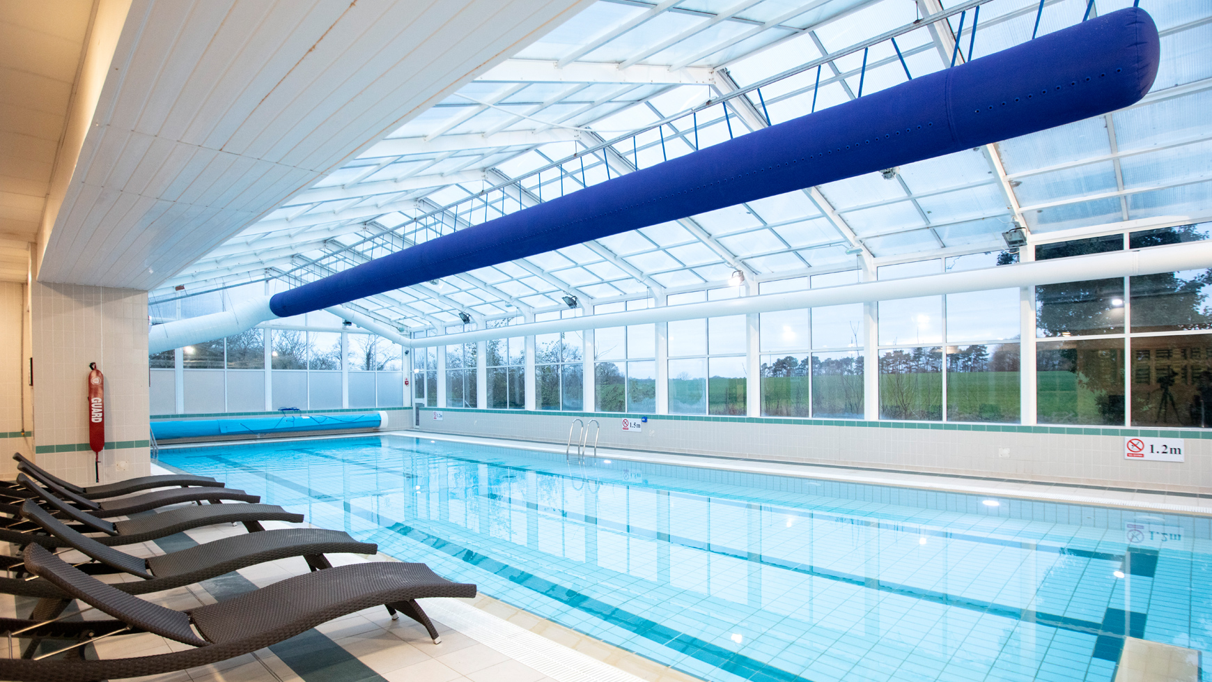 Take a dip in our heated indoor pool, where the glass walls and ceiling fills the space with light, creating a calm and inviting atmosphere.