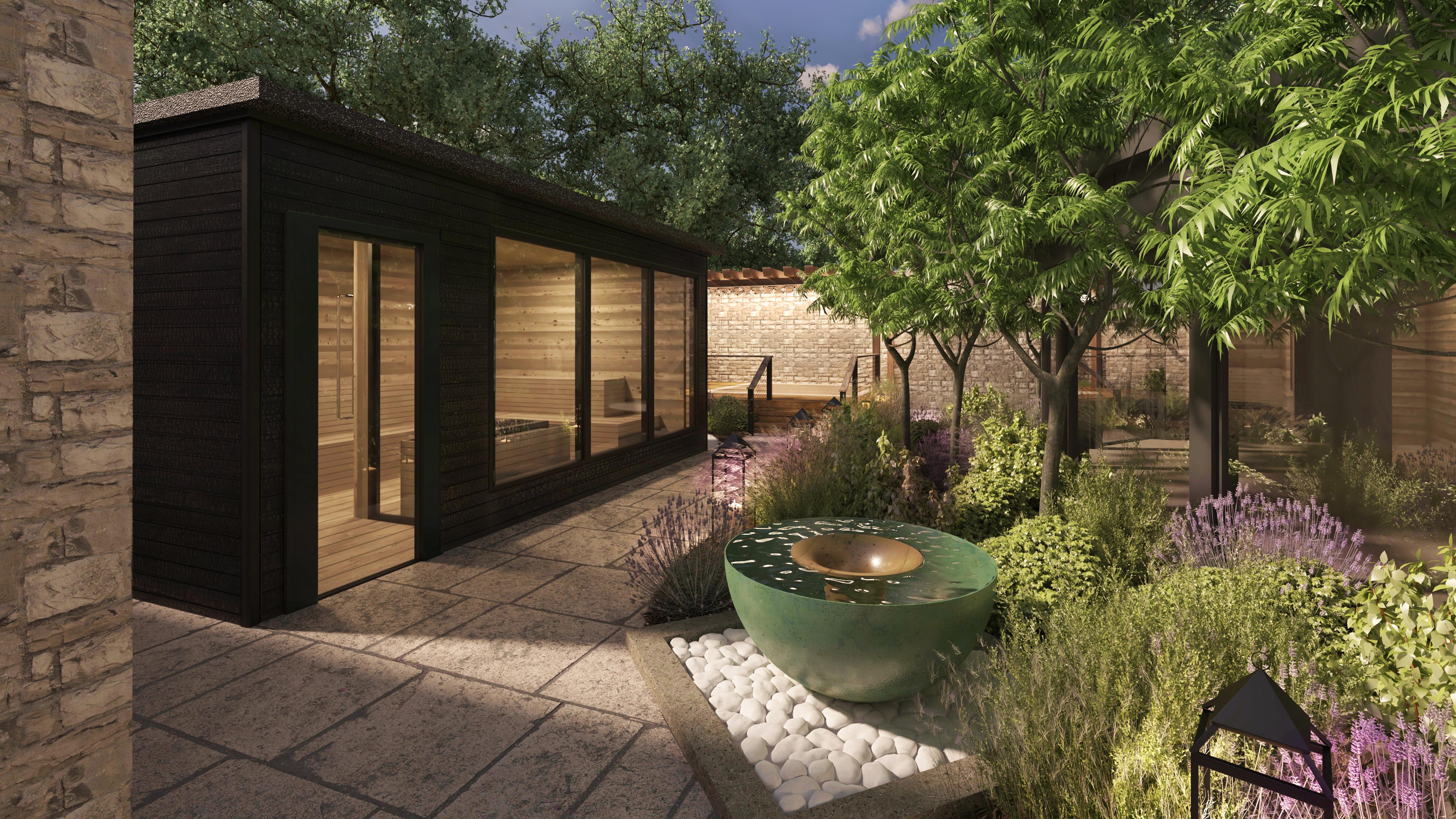 Render of the spa garden at Thoresby Hall